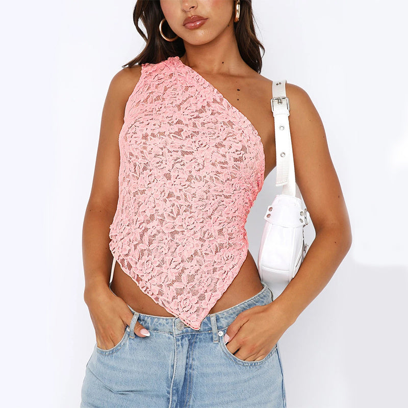 LUXE CHIC Ins Lace Backless Top Summer Solid Color Waistless Asymmetrical Sloped Neck Vest Streetwear Womens Clothes