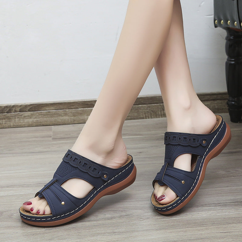 LUXE CHIC Women's Slippers Wedge Heel Round Toe Roman Shoes