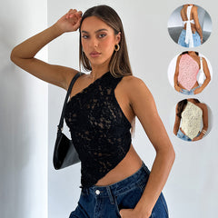 LUXE CHIC Ins Lace Backless Top Summer Solid Color Waistless Asymmetrical Sloped Neck Vest Streetwear Womens Clothes
