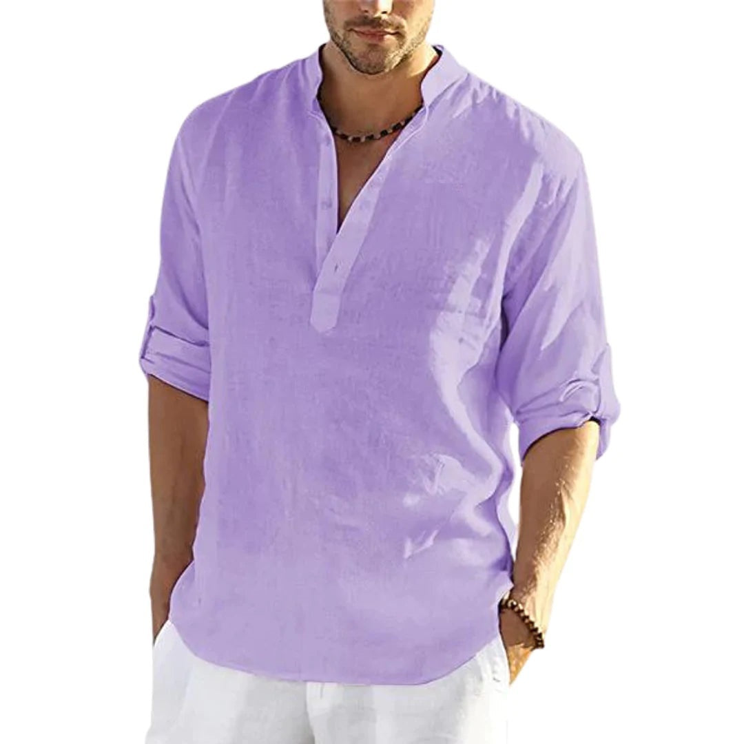 HOTLIST CART Men's Casual Cotton Linen Solid Color Long Sleeve Shirt Loose Stand Collar