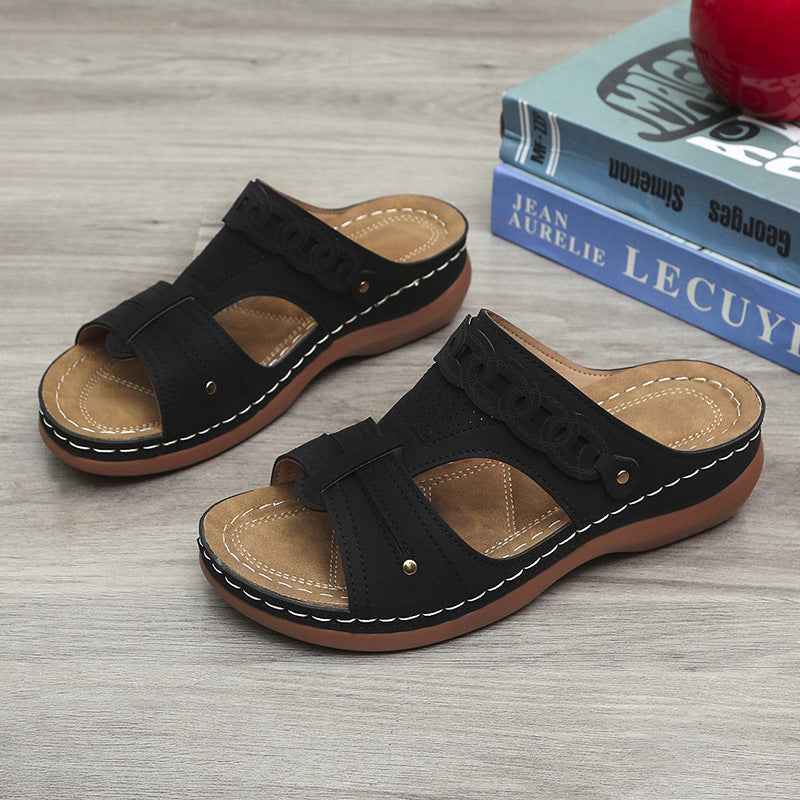 LUXE CHIC Women's Slippers Wedge Heel Round Toe Roman Shoes