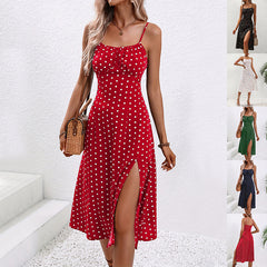 LUXE CHIC New Polka Dot Print Suspender Dress Summer Sexy Slit Long Dresses For Womens Clothing