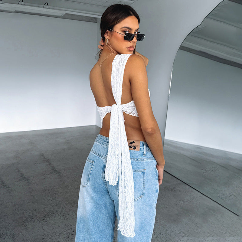 LUXE CHIC Ins Lace Backless Top Summer Solid Color Waistless Asymmetrical Sloped Neck Vest Streetwear Womens Clothes