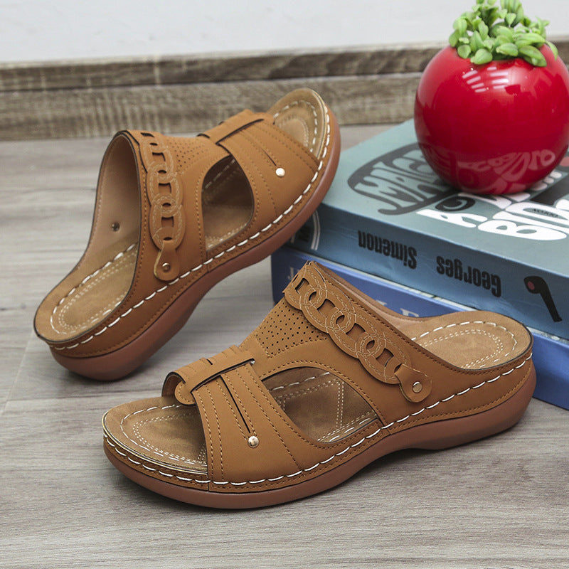 LUXE CHIC Women's Slippers Wedge Heel Round Toe Roman Shoes