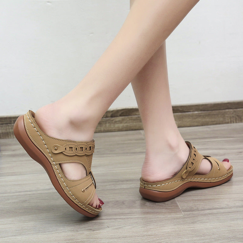 LUXE CHIC Women's Slippers Wedge Heel Round Toe Roman Shoes