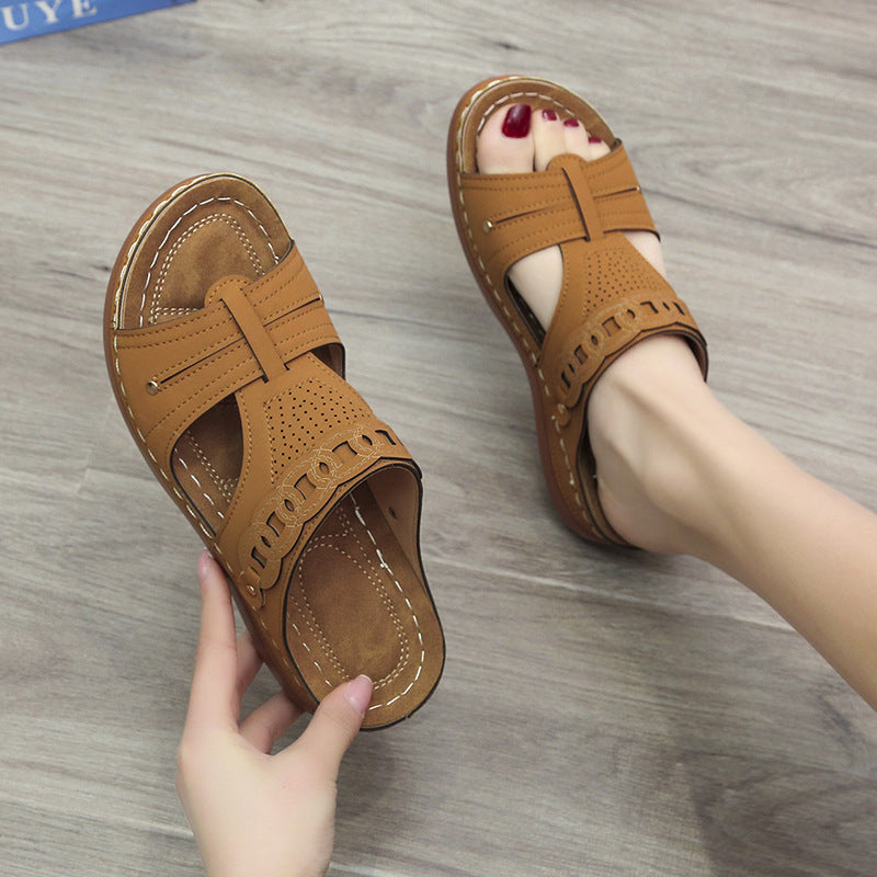 LUXE CHIC Women's Slippers Wedge Heel Round Toe Roman Shoes