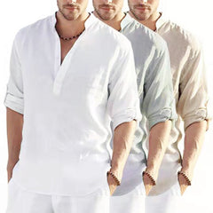 HOTLIST CART Men's Casual Cotton Linen Solid Color Long Sleeve Shirt Loose Stand Collar