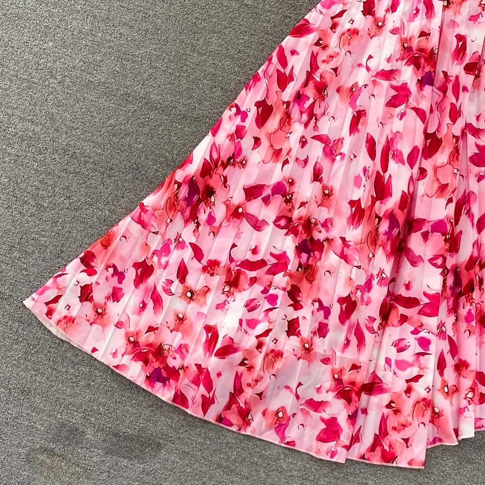 LUXE CHIC One Shoulder Hollow Print Flower Wrinkles Irregular Long Waist Waist Lace-Up Dress Holiday Beach Dress