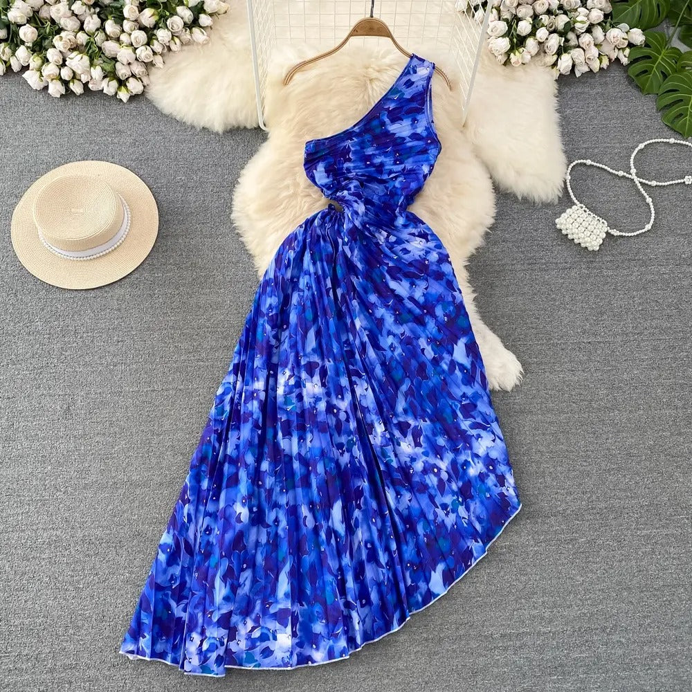 LUXE CHIC One Shoulder Hollow Print Flower Wrinkles Irregular Long Waist Waist Lace-Up Dress Holiday Beach Dress