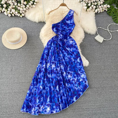 LUXE CHIC One Shoulder Hollow Print Flower Wrinkles Irregular Long Waist Waist Lace-Up Dress Holiday Beach Dress