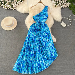 LUXE CHIC One Shoulder Hollow Print Flower Wrinkles Irregular Long Waist Waist Lace-Up Dress Holiday Beach Dress