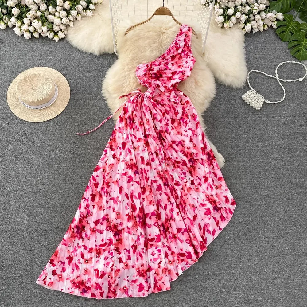 LUXE CHIC One Shoulder Hollow Print Flower Wrinkles Irregular Long Waist Waist Lace-Up Dress Holiday Beach Dress