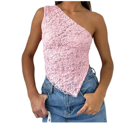 LUXE CHIC Ins Lace Backless Top Summer Solid Color Waistless Asymmetrical Sloped Neck Vest Streetwear Womens Clothes