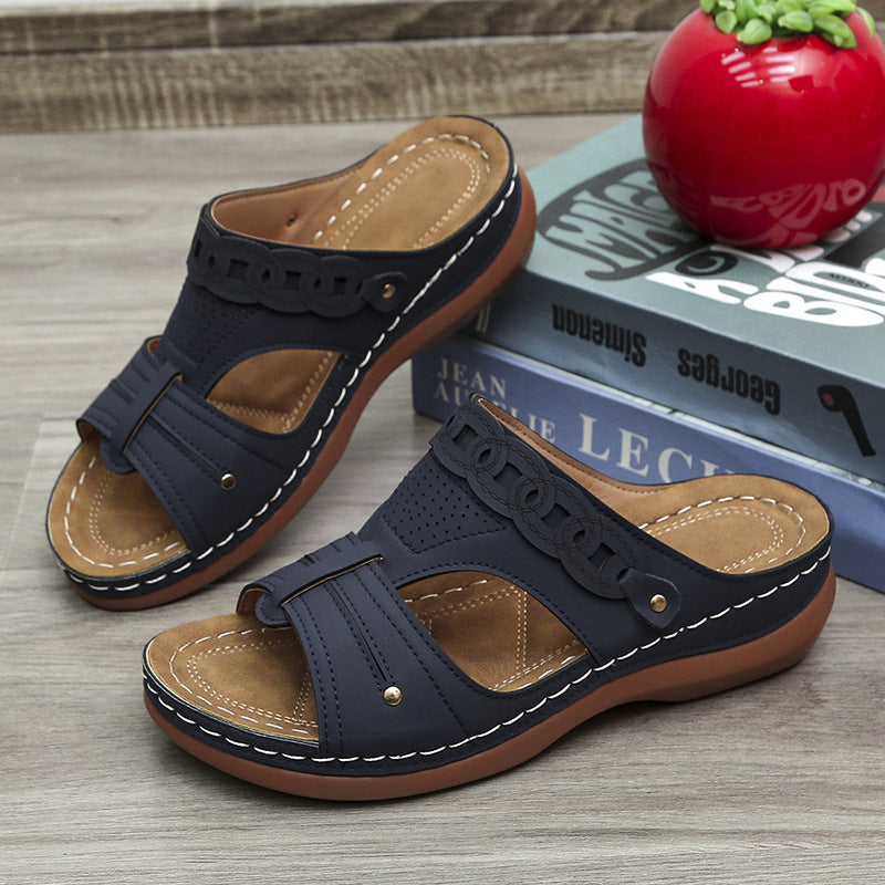 LUXE CHIC Women's Slippers Wedge Heel Round Toe Roman Shoes