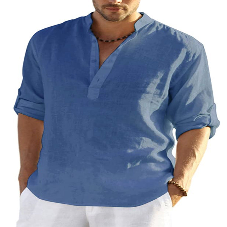 HOTLIST CART Men's Casual Cotton Linen Solid Color Long Sleeve Shirt Loose Stand Collar